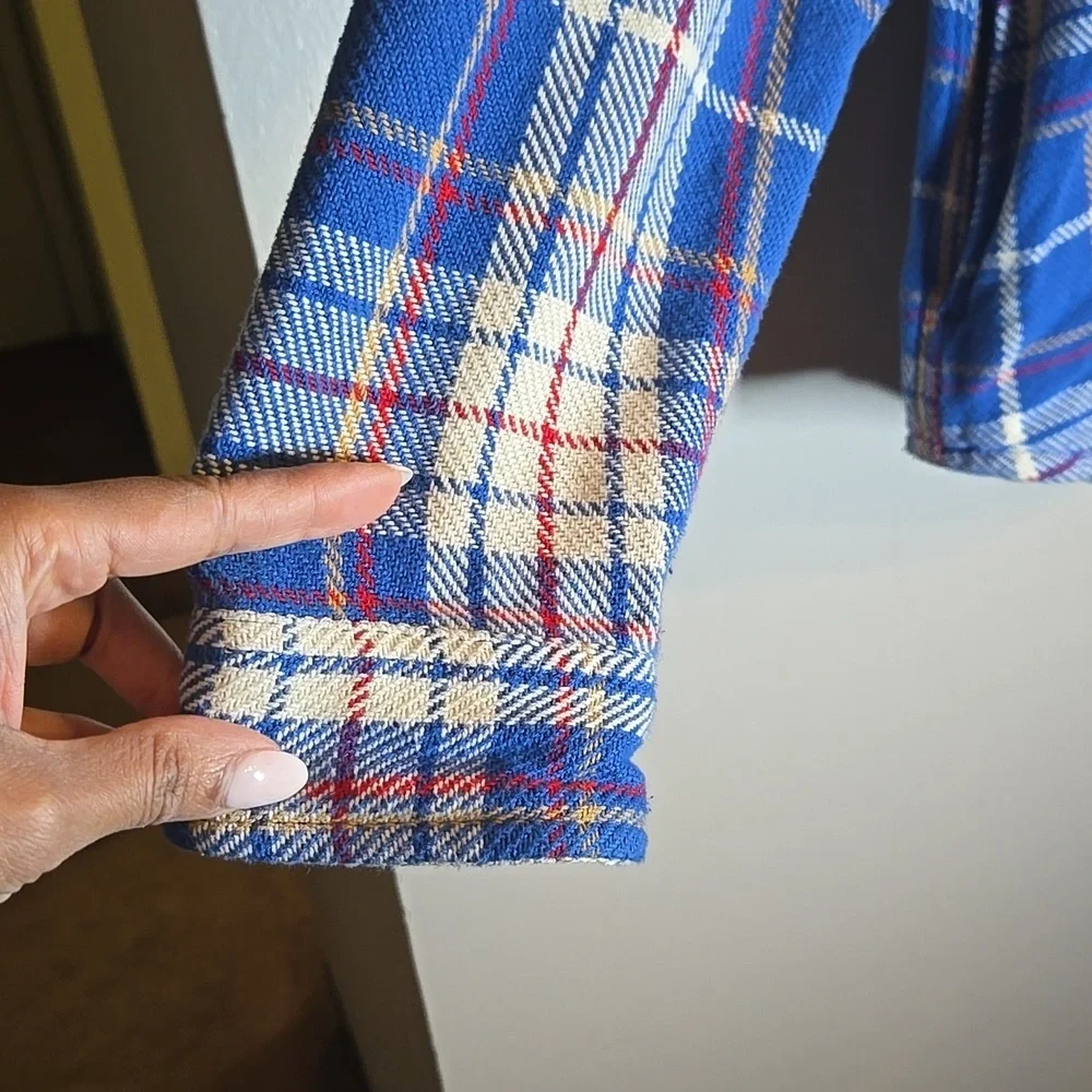 L.L. Bean Blue Plaid Button Front Knit Cotton Pocket Shirt Shacket NWOT